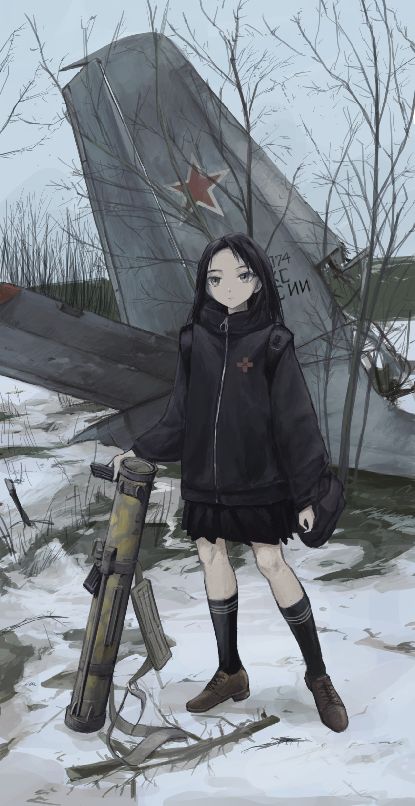 1girl, absurdres, aircraft, airplane, bag, bin_jiang, black_hair, black_socks, branch, commentary, highres, holding, holding_magazine_(weapon), magazine_(weapon), original, short_hair, skirt, socks, solo