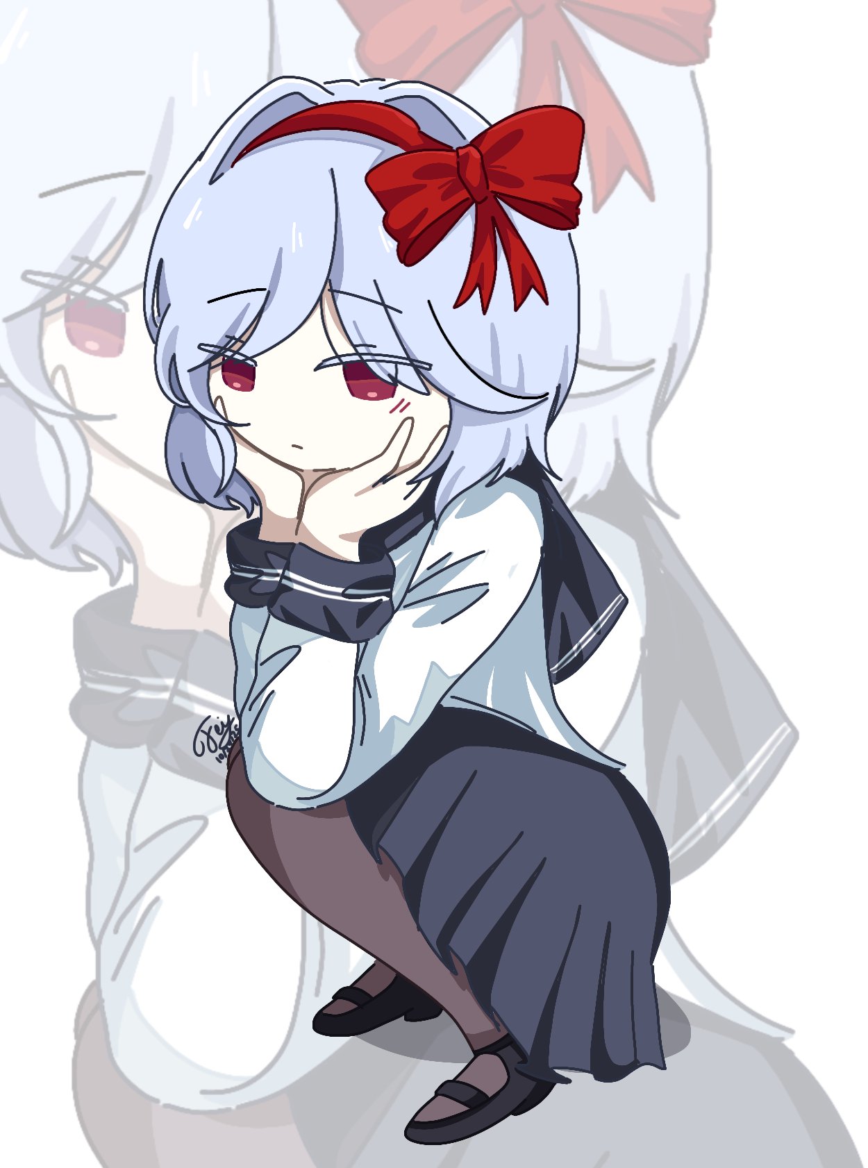 black_shoes, black_souls, blue_hair, blue_skirt, blue_wrist_cuffs, bow, brown_pantyhose, faydee