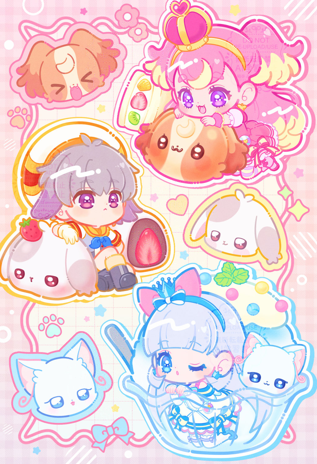 >_<, 1boy, 2girls, :<, ;o, absurdly_long_hair, animal-themed_food, bare_shoulders