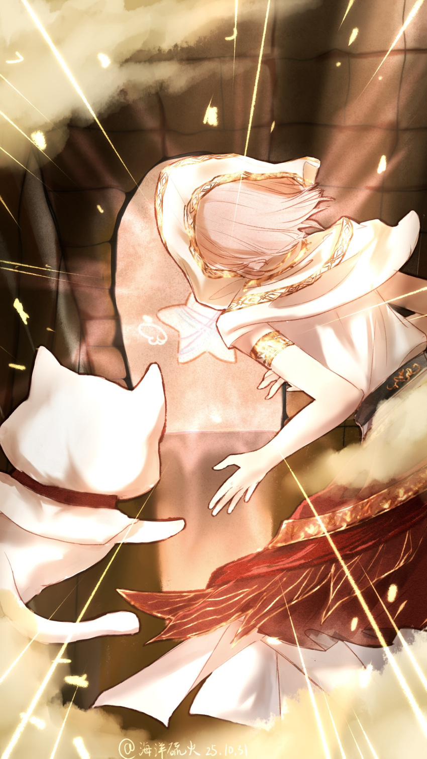 1girl, absurdres, animal, armlet, belt, black_belt, capelet, cat, chinese_commentary, cloak, clothed_animal, commentary_request, doorway, ear_covers, emphasis_lines, feet_out_of_frame, floating, floating_clothes, floating_hair, from_behind, gold_armlet, haiyang_liuhuo, headscarf, highres, hood, hood_up, hooded_cloak, indoors, infinity_nikki, jewelry, medium_skirt, momo_(nikki), nikki_(nikki), nikki_(series), official_alternate_costume, pink_hair, pleated_skirt, red_skirt, shirt, short_hair, skirt, star_(symbol), striped_clothes, striped_skirt, vertical-striped_clothes, vertical-striped_skirt, whimstar_(infinity_nikki), white_capelet, white_cat, white_cloak, white_headscarf, white_shirt
