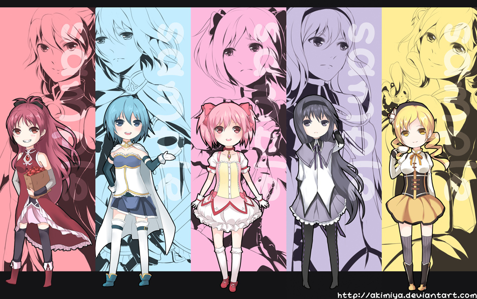 akimiya, apple, black_hair, black_legwear, blonde_hair, blue_hair, charlotte_(madoka_magica), chibi