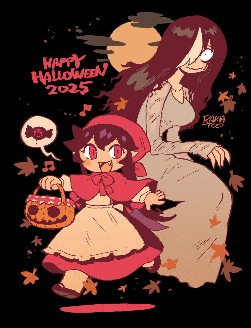 2girls, absurdres, bags_under_eyes, basket, black_dress, black_hair, blush_stickers, bow