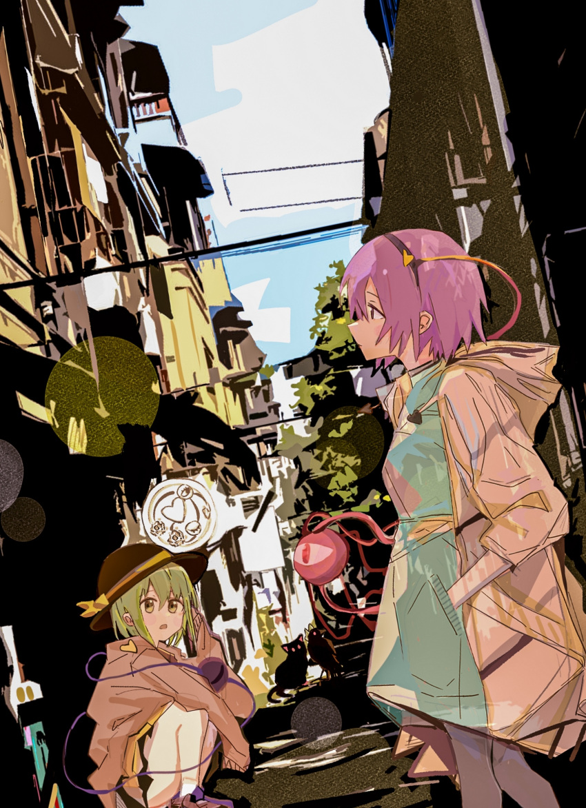 2girls, alternate_costume, blue_dress, blue_sky, brown_hoodie, clouds, commentary_request, dress, expressionless, from_side, green_eyes, green_hair, hairband, hands_in_pockets, hat, highres, hood, hoodie, kaenbyou_rin, kaenbyou_rin_(cat), komeiji_koishi, komeiji_satori, looking_to_the_side, medium_hair, multiple_girls, open_clothes, open_hoodie, outdoors, parted_lips, pink_eyes, pink_hair, reiuji_utsuho, reiuji_utsuho_(bird), short_hair, sky, squatting, third_eye, touhou, user_rehz8345