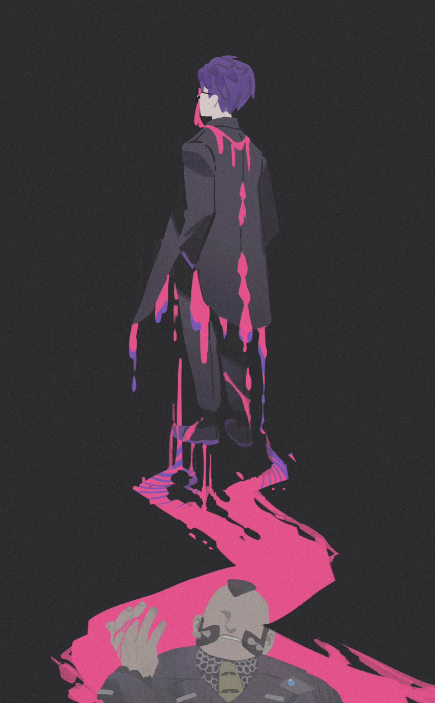 2boys, black_background, black_pants, commentary_request, corbeau_(pokemon), dripping, from_behind, full_body