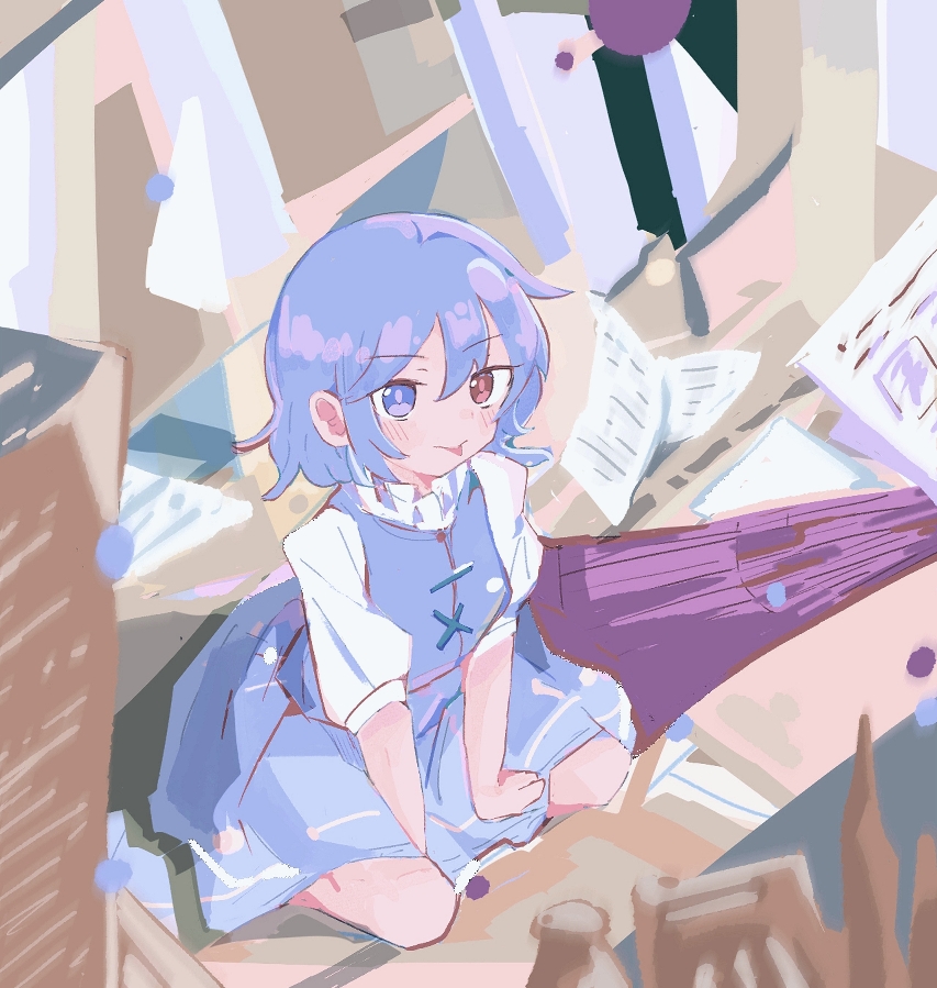 1girl, blue_eyes, blue_hair, blue_skirt, blue_vest, blush, commentary, folded_umbrella