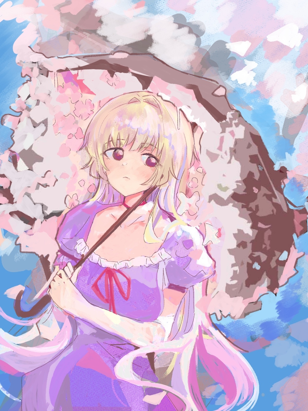 1girl, :<, blonde_hair, blue_background, cherry_blossoms, choker, closed_mouth, collarbone
