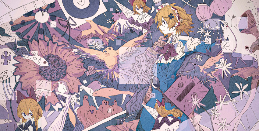 1girl, :o, abstract_background, absurdres, alice_margatroid, bird, blonde_hair, blue_dress, blue_eyes, bow, doll, dress, expressionless, fish, from_side, hairband, highres, hourai_doll, lolita_hairband, long_sleeves, medium_hair, parted_lips, red_bow, shanghai_doll, touhou, user_rehz8345