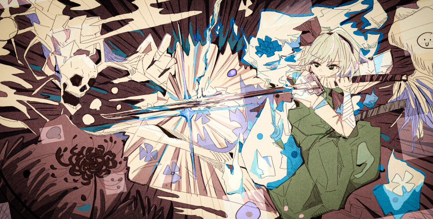 1girl, absurdres, bandaged_arm, bandages, closed_mouth, expressionless, flower, green_eyes