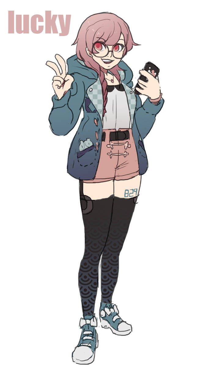1girl, :d, black_thighhighs, blue_jacket, braid, character_name, concept_art, full_body