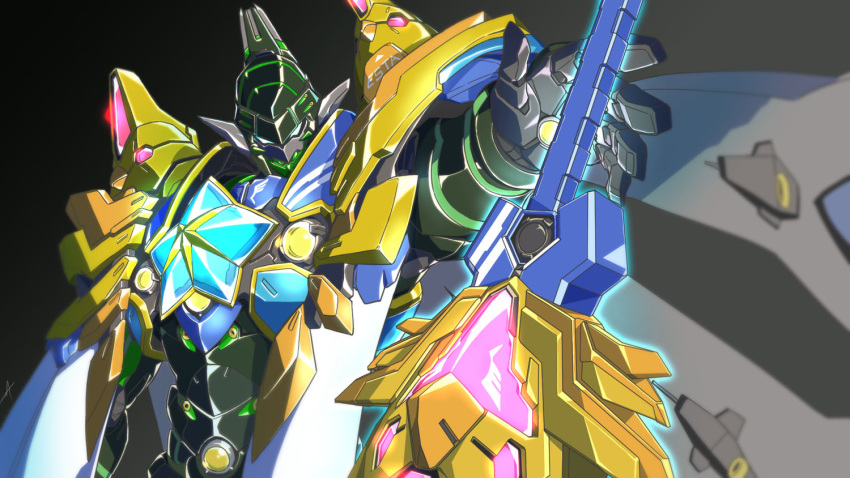 armor, commentary_request, fusion, glowing, glowing_eyes, glowing_weapon, hanabatake_chaika, hanabatake_chaika_(5th_costume), helesta_armor, looking_at_viewer, nijisanji, power_armor, reaching, tatuya3363, virtual_youtuber, weapon