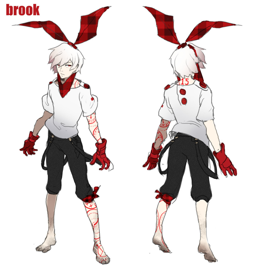 1boy, :/, absurdres, barefoot, black_pants, brook_(i'm_the_grim_reaper), front_and_back, full-body_tattoo