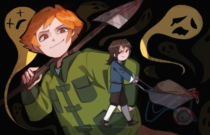 1boy, 1girl, abaddon_(haunted_hotel), abaddon_(human)_(haunted_hotel), black_background, blood, blue_coat, brown_eyes, brown_hair, coat, commentary, dreamovna, esther_freeling, ghost, green_coat, hand_on_own_hip, haunted_hotel, highres, holding, holding_shovel, implied_murder, looking_at_viewer, orange_hair, red_eyes, sack, short_hair, shovel, simple_background, walking, wheelbarrow