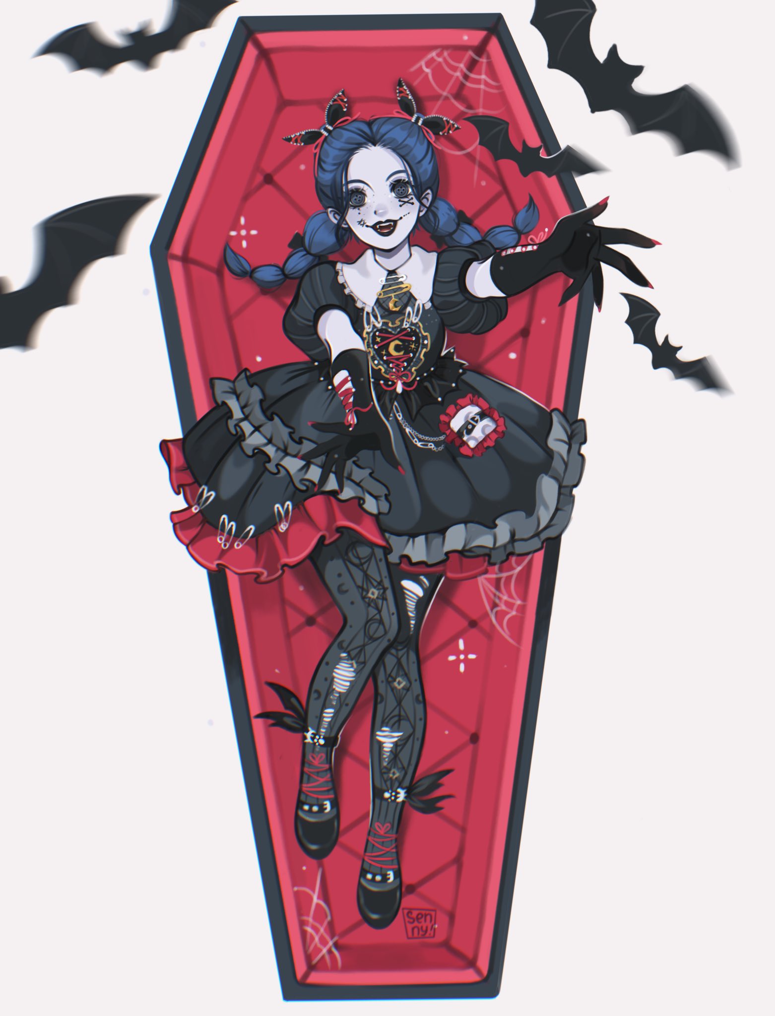 1girl, ankle_bow, bat_(animal), black_bow, black_dress, black_eyes, black_gloves, black_lips, black_pantyhose, black_shoes, blue_hair, bow, braid, center_frills, coffin, collared_dress, commentary, crescent_print, cross-laced_armwear, cross-laced_clothes, cross-laced_dress, dream-like_night_(infinity_nikki), dress, english_commentary, eyelashes, fangs, fingernails, forehead, frilled_dress, frills, full_body, gloves, grey_background, hair_bow, halloween, happy, highres, infinity_nikki, leaning_forward, light_blush, lipstick, long_hair, low_twin_braids, lying, makeup, multiple_hair_bows, nikki_(series), on_back, open_mouth, outstretched_arms, pale_skin, pantyhose, pocket, print_dress, print_pantyhose, puffy_short_sleeves, puffy_sleeves, sennydoesarty, sharp_fingernails, shoes, short_dress, short_sleeves, signature, silk, simple_background, smile, solo, spider_web, stitched_mouth, stitches, teeth, torn_clothes, torn_pantyhose, twin_braids, vertical-striped_sleeves, waist_bow