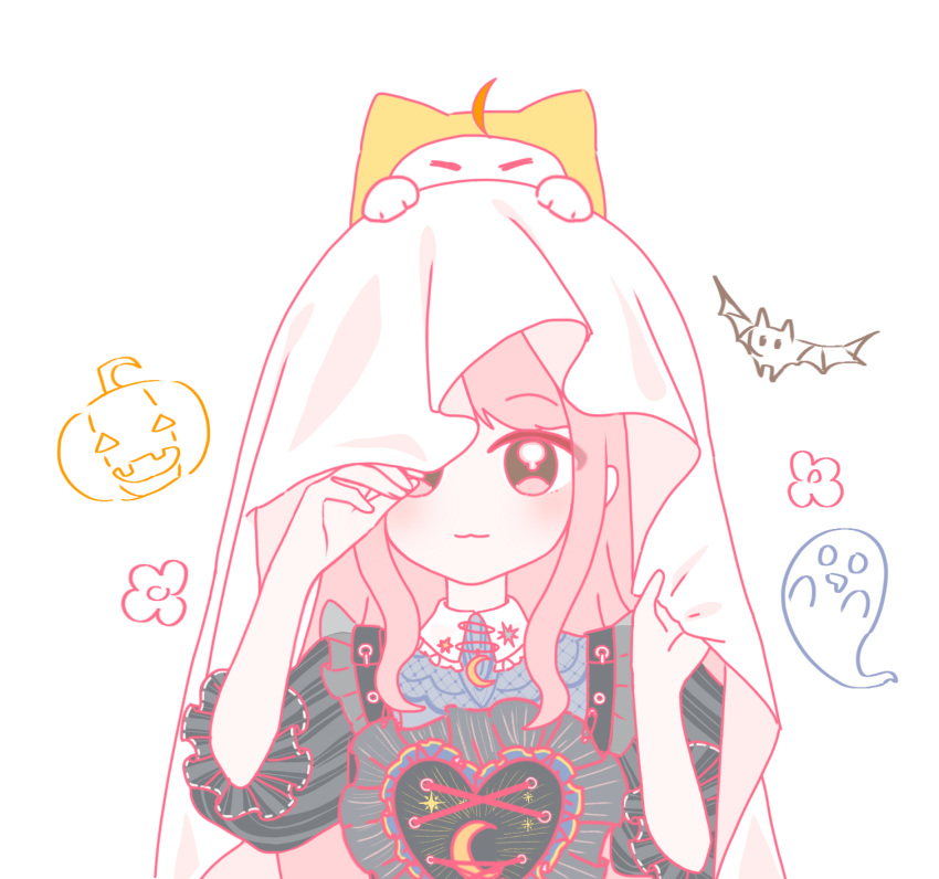 1girl, :3, =_=, ahoge, animal, animal_on_head, bat_(animal), black_shirt, blanket, blue_shirt, brown_eyes, cat, chinese_commentary, closed_mouth, clothed_animal, collared_shirt, commentary_request, crescent_print, cross-laced_clothes, cross-laced_top, dream-like_night_(infinity_nikki), ear_covers, eyes_visible_through_hair, flat_color, flower, frilled_shirt, frilled_shirt_collar, frilled_sleeves, frills, ghost, halloween, happy, highres, hood, hood_up, infinity_nikki, jack-o'-lantern, layered_shirt, light_blush, long_hair, momo_(nikki), nikki_(nikki), nikki_(series), on_head, one_eye_covered, pink_hair, print_shirt, puffy_short_sleeves, puffy_sleeves, shirt, short_sleeves, sidelocks, simple_background, smile, straight-on, tazi9751, upper_body, vertical-striped_sleeves, very_long_hair, wavy_hair, white_background, white_cat, yellow_hood
