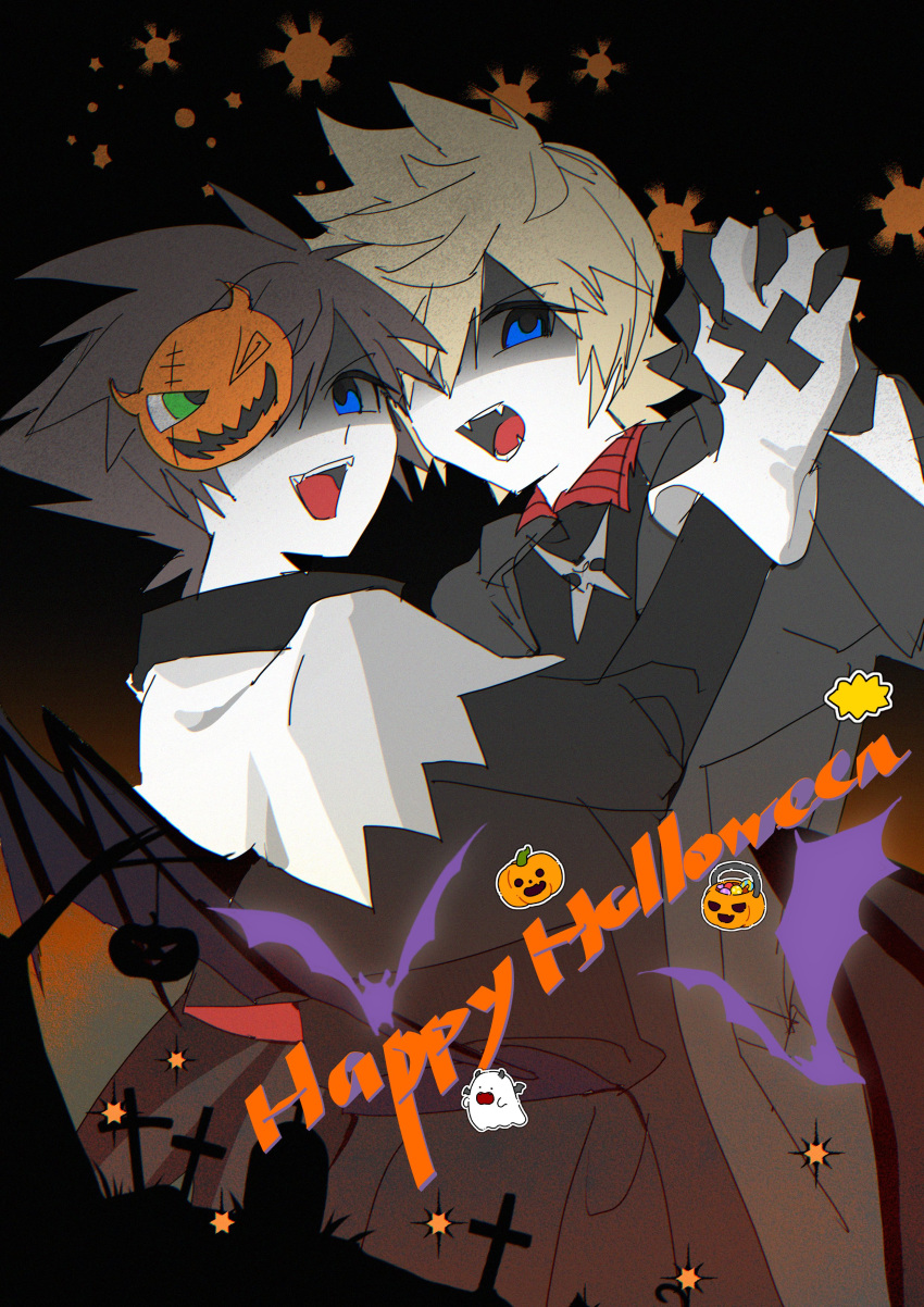 2boys, absurdres, alternate_costume, bat_(animal), bat_wings, black_background, black_hair, black_jacket