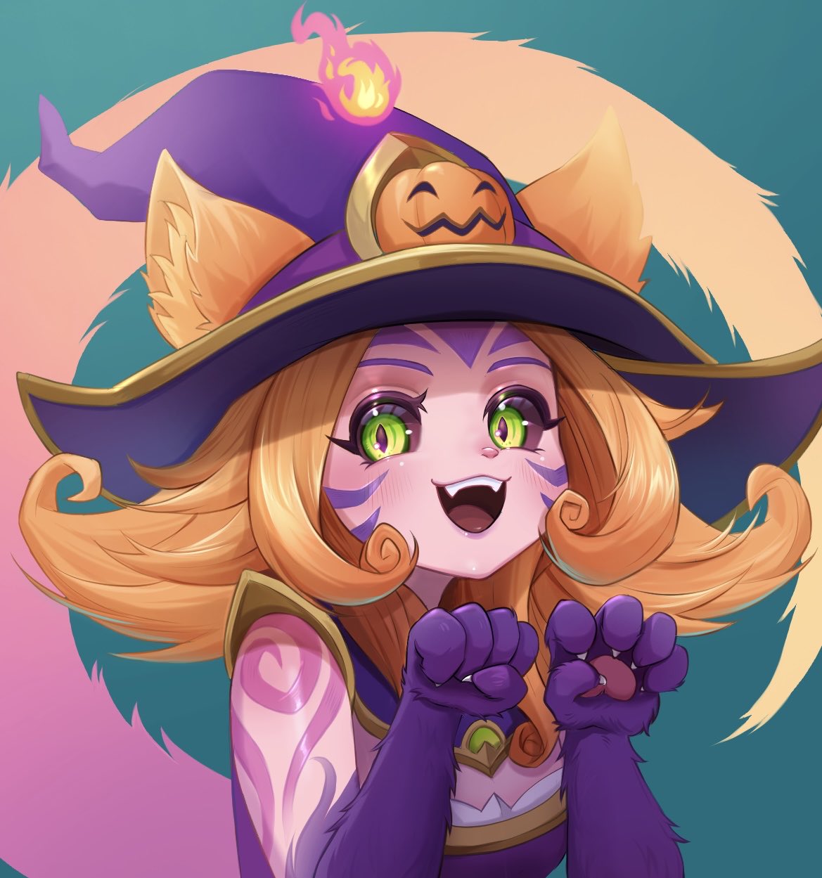 1girl, :d, animal_ears, animal_hands, aqua_background, bewitching_neeko, blush, boraiolet