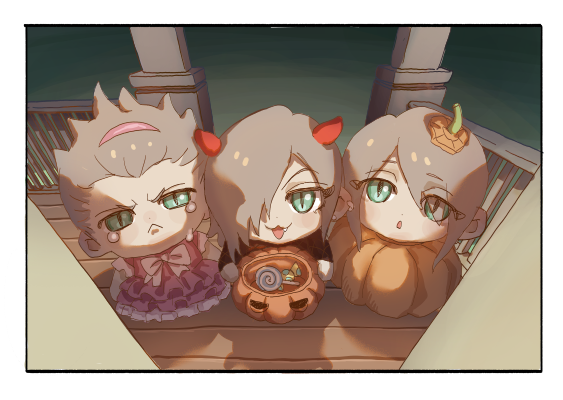 3boys, :3, :o, aged_down, alternate_costume, black_border, border, bow