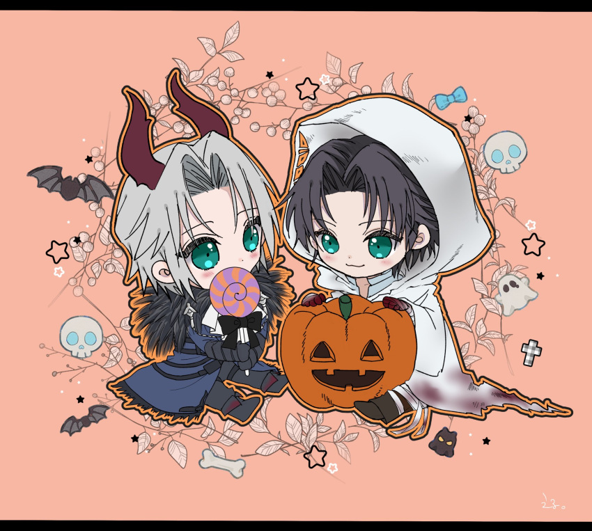 2boys, 7_kiy_u, aged_down, angeal_hewley, angeal_hewley_(ghost_robe), bat_(animal), black_bow, black_bowtie