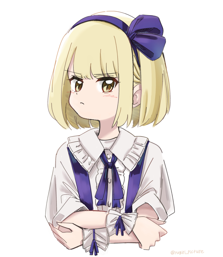 1girl, alice_margatroid, alice_margatroid_(pc-98), blonde_hair, blue_hairband, blue_ribbon, blush, center_frills