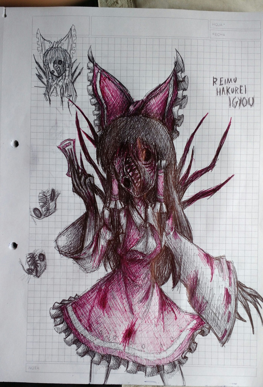 1girl, arm_up, ascot, back_spikes, between_fingers, blood, blood_on_clothes, body_horror