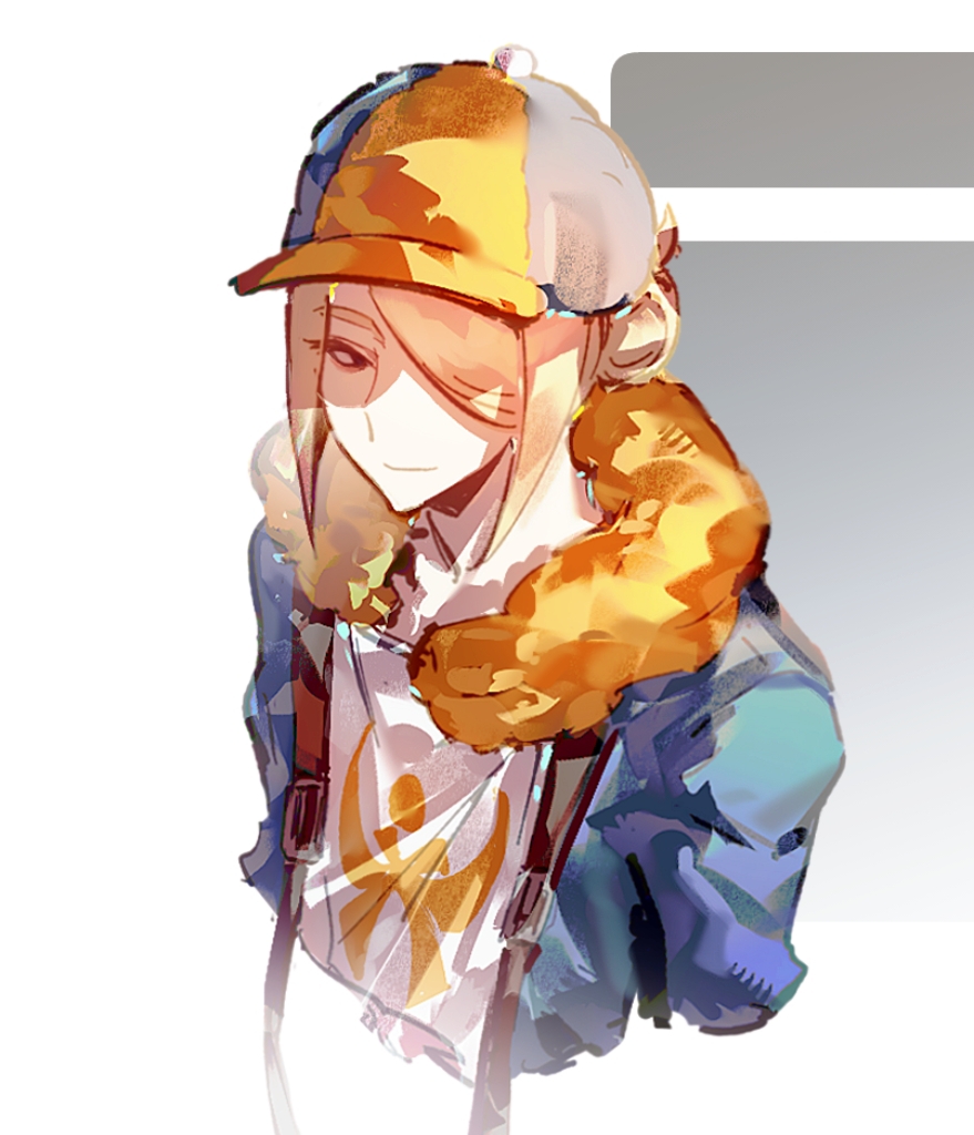 1boy, baseball_cap, black_eyes, blonde_hair, blue_hat, blue_jacket, chuanjianhuangjiuneglect, cropped_torso, fur-trimmed_jacket, fur_trim, hair_bun, hair_over_one_eye, hat, jacket, light_smile, looking_at_viewer, male_focus, pale_skin, pokemon, pokemon_legends:_arceus, portrait, print_shirt, shirt, sidelocks, solo, two-tone_hat, volo_(pokemon), yellow_hat