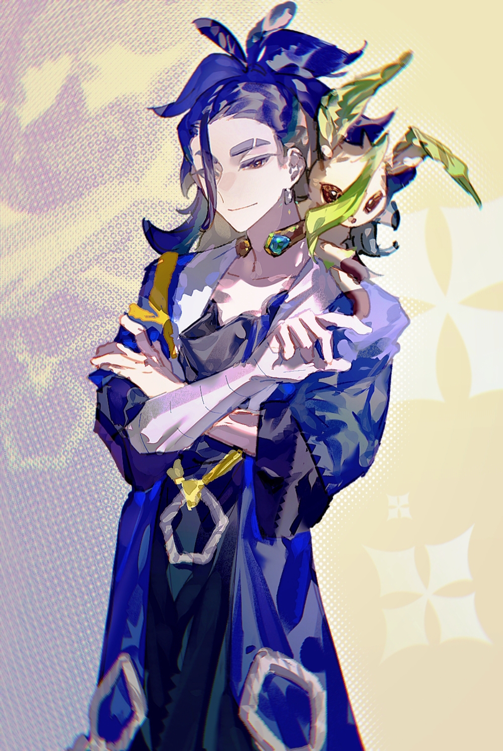 1boy, adaman_(pokemon), bandaged_arm, bandages, blue_hair, brown_eyes, chuanjianhuangjiuneglect, clothing_request, cowboy_shot, eyebrow_cut, hair_pulled_back, half_updo, highres, leafeon, looking_at_viewer, male_focus, multicolored_hair, on_shoulder, pokemon, pokemon_(creature), pokemon_legends:_arceus, pokemon_on_shoulder, solo, thick_eyebrows, two-tone_hair