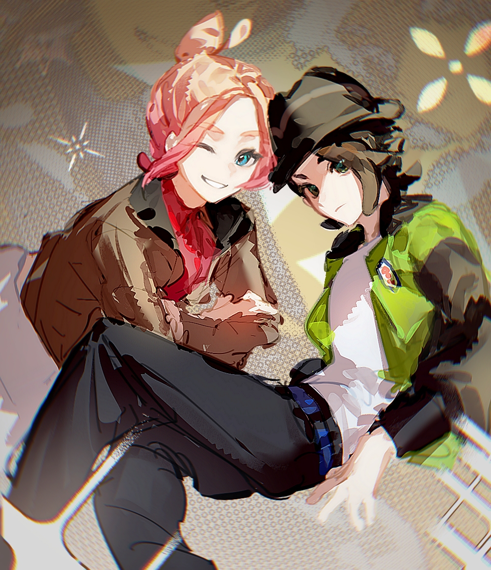 1boy, 1girl, belt, black_eyes, black_hair, black_pants, black_sleeves, blonde_hair