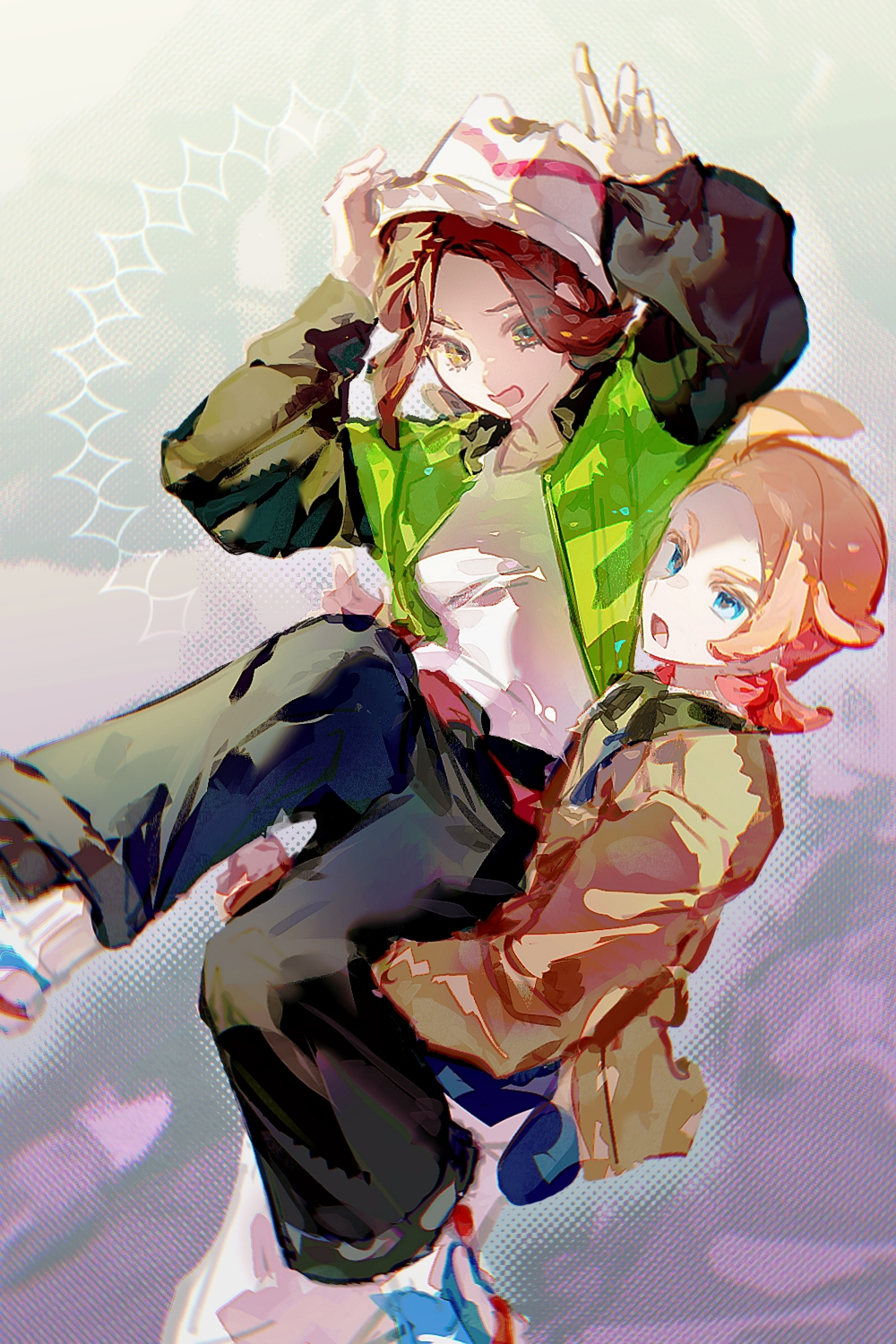 1boy, 1girl, black_pants, black_sleeves, blonde_hair, blue_eyes, brown_eyes, brown_hair
