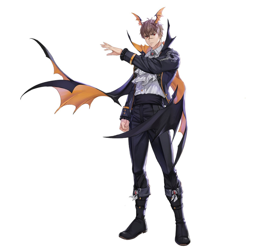 1boy, arm_up, artist_request, ascot, bat_brooch, bat_wings, bernheim_(king's_raid), black_boots, black_cape, black_jacket, black_pants, boots, brooch, brown_hair, cape, collared_shirt, commentary_request, english_commentary, floating_cape, floating_clothes, frown, full_body, gem, hair_ornament, halloween, halloween_costume, high_collar, highres, jacket, jewelry, king's_raid, korean_commentary, mixed-language_commentary, orange_cape, orange_wings, pants, red_eyes, red_gemstone, scar, scar_on_face, second-party_source, shirt, short_hair, simple_background, solo, two-sided_cape, two-sided_fabric, white_ascot, white_background, white_shirt, wing_hair_ornament, wings