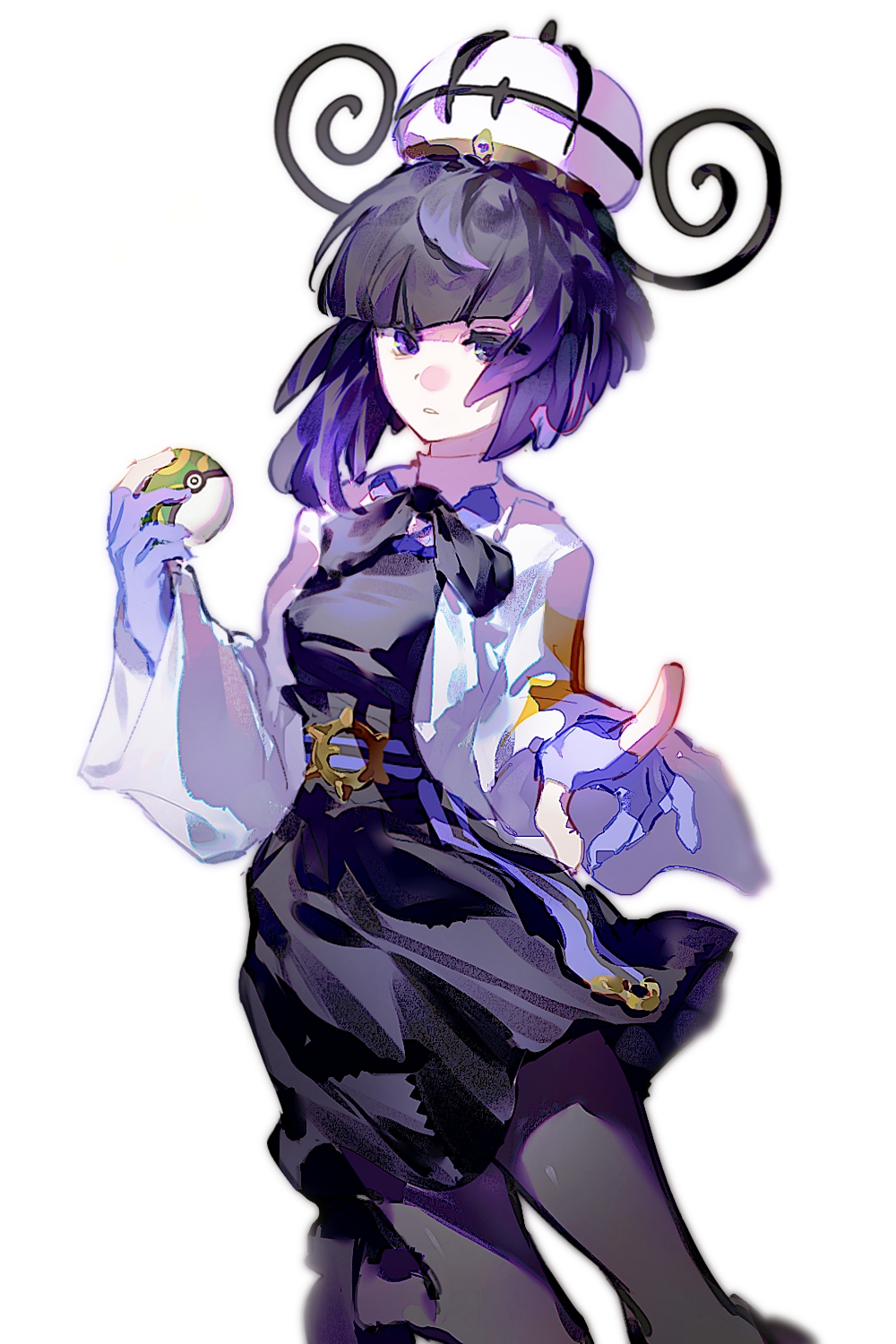 1girl, black_bow, black_bowtie, black_dress, black_pantyhose, blunt_bangs, bob_cut, bow