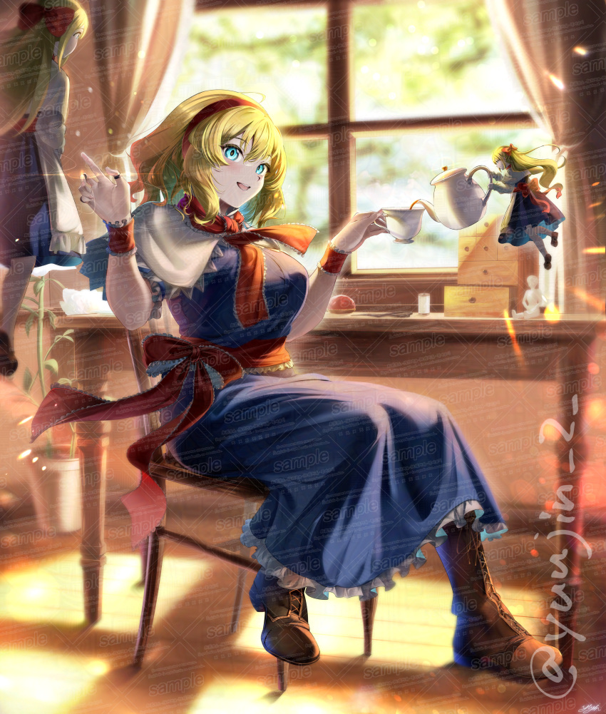 3girls, absurdres, alice_margatroid, blue_dress, blurry, blurry_background, blush, boots
