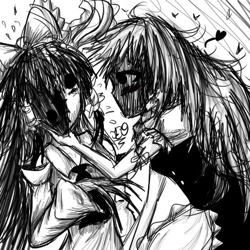 2girls, apron, ascot, bow, braid, claws, commentary, detached_sleeves, english_commentary, frilled_bow, frilled_hair_tubes, frilled_sleeves, frills, from_side, greyscale, hair_bow, hair_tubes, hakurei_reimu, hand_on_another's_chin, heart, herushiart, hollow_eyes, kirisame_marisa, long_hair, looking_at_another, lowres, monochrome, multiple_girls, no_mouth, ribbon-trimmed_sleeves, ribbon_trim, shaded_face, sharp_teeth, short_sleeves, side_braid, simple_background, teeth, touhou, touhou_igyoukyo, variant_marisa, variant_reimu, vertical_mouth, white_background, yin_yang, yuri