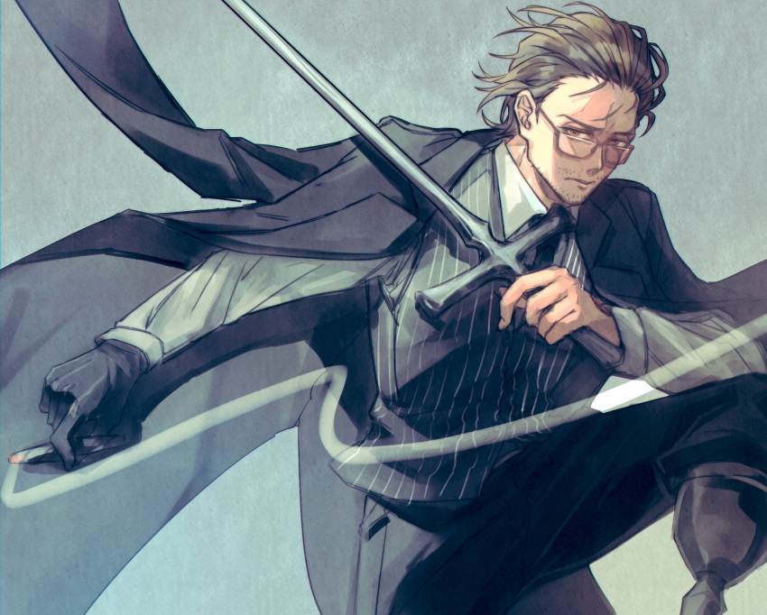 1boy, beard_stubble, black_jacket, brown_eyes, brown_hair, cigar, collared_shirt, facial_hair, glasses, gregor_(project_moon), hair_slicked_back, highres, holding, holding_cigar, holding_sword, holding_weapon, jacket, jacket_on_shoulders, knee_up, limbus_company, looking_at_viewer, male_focus, night_awls_(identity)_(project_moon), official_alternate_costume, peg_leg, prmn_yumaru, project_moon, serious, shirt, smoke, smoke_trail, solo, striped_clothes, striped_vest, stubble, sword, vest, weapon, white_shirt