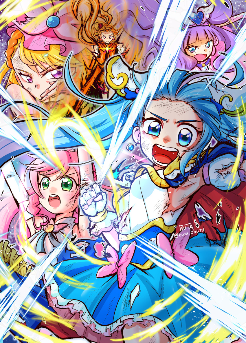1boy, 4girls, aqua_eyes, arm_up, arms_up, artist_name, ascot, blonde_hair