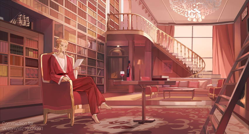 1other, absurdres, barefoot, blonde_hair, book, bookshelf, chair, chandelier