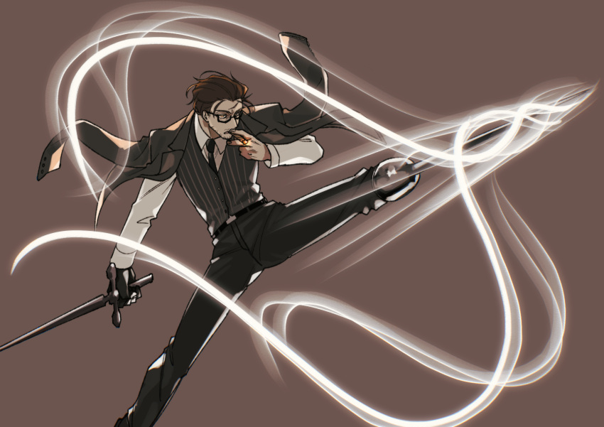 1boy, black_hair, black_jacket, black_necktie, black_vest, cigar, collared_shirt, foot_out_of_frame