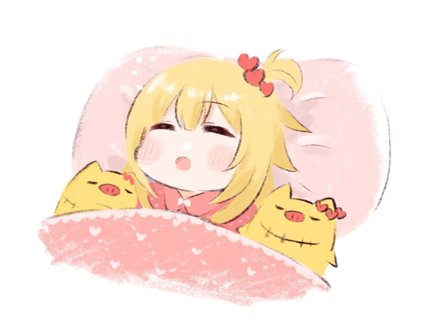 1girl, =_=, akai_haato, blanket, blonde_hair, blush_stickers, closed_eyes, haaton_(akai_haato)