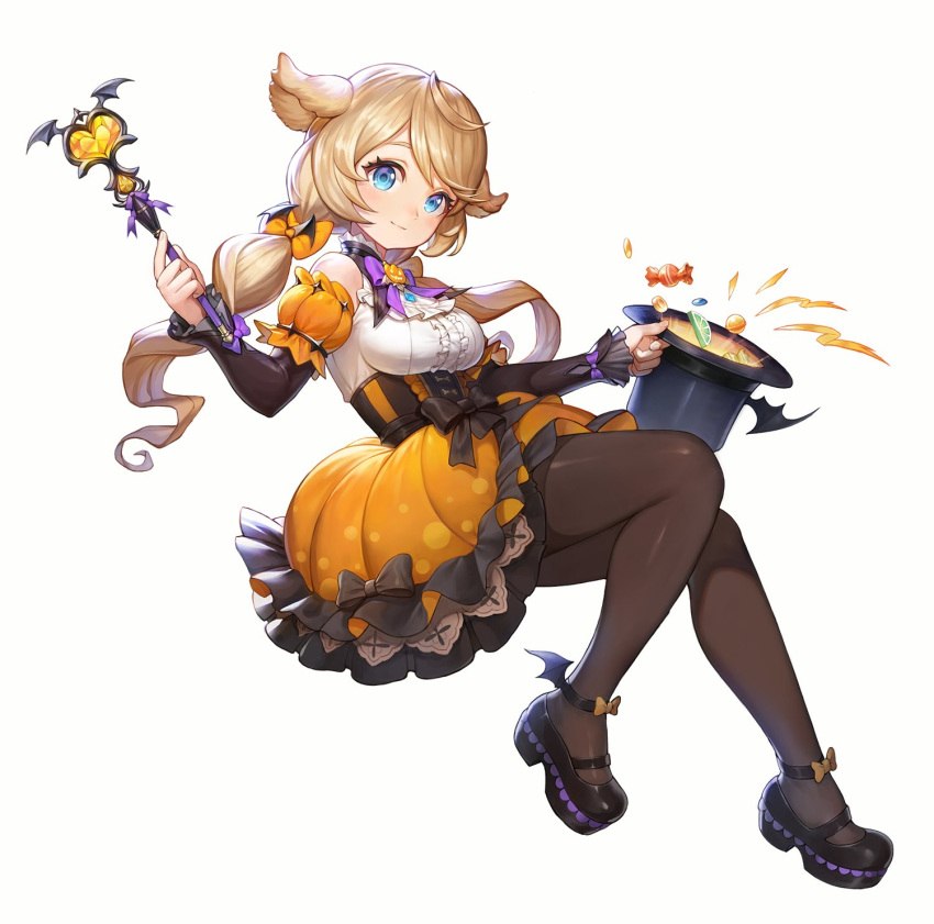 1girl, ahoge, animal_ears, artist_request, bat_wings, black_bow, black_hat, black_pantyhose