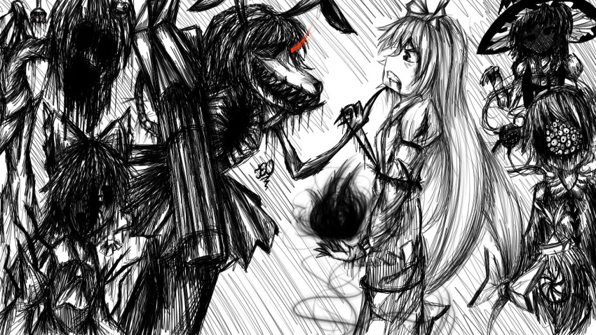 6+girls, animal_ears, arm_cannon, arm_up, armor, ascot, back_spikes, black_fire