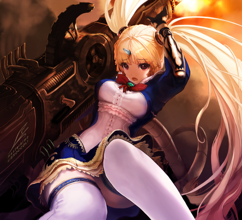blonde_hair, dimension_zero, dress, frills, gun, highres, horn, huge_weapon