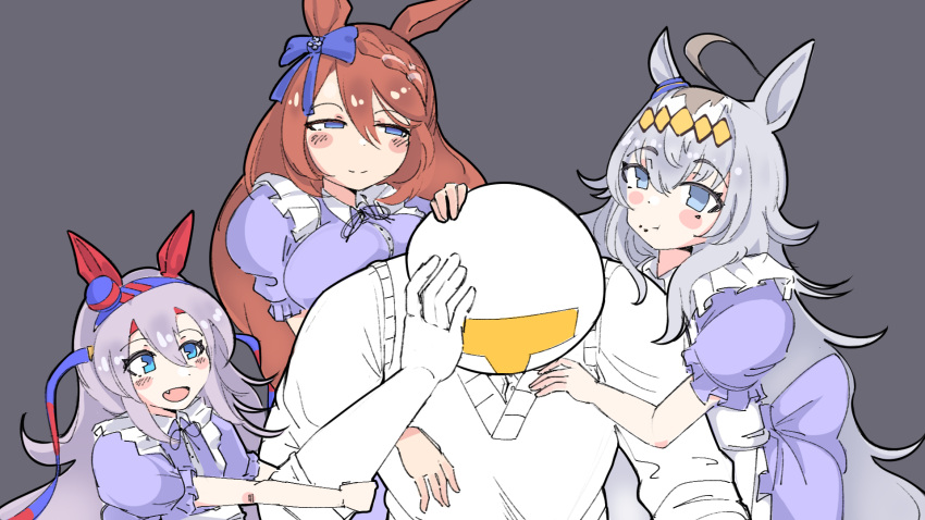 1boy, 3girls, alternate_costume, animal_ears, bald, black_souls, black_souls_2, blue_bow, blue_eyes, blush, bow, brown_hair, closed_mouth, colored_skin, commentary, dress, ear_covers, enmaided, facepalm, food, food_on_face, grey_background, grey_hair, hair_bow, highres, horse_ears, horse_tail, long_hair, looking_at_another, maid, manny_mcmannington, meme, multiple_girls, oguri_cap_(umamusume), purple_dress, simple_background, smile, super_creek_(umamusume), sweater_vest, t-head_trainer_(umamusume), tail, tamamo_cross_(umamusume), trainer_(umamusume), umamusume, upper_body, where_is_alice_(meme), white_skin