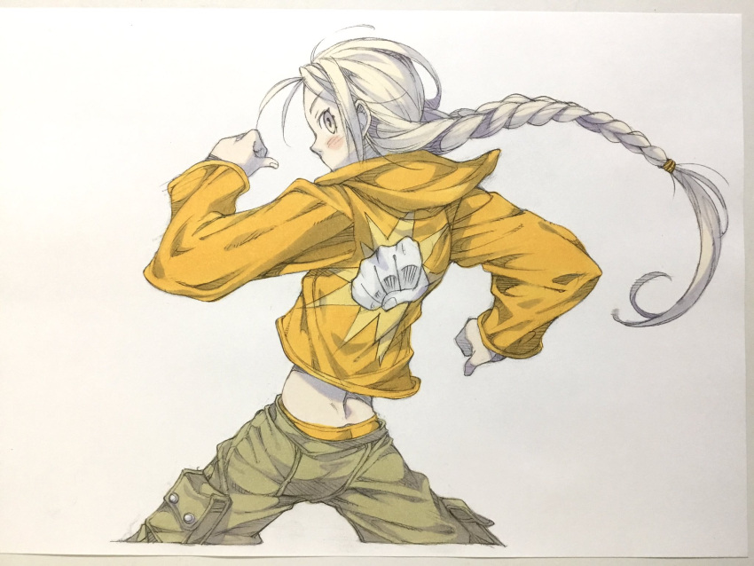 1girl, blonde_hair, braid, brown_eyes, commentary, cropped_legs, from_behind, green_pants