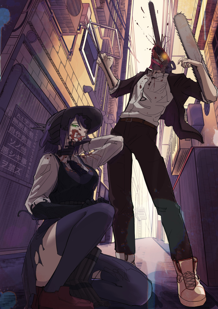 1boy, absurdres, alternate_form, black_choker, bomb, bomb_devil_(chainsaw_man), chainsaw, chainsaw_man, choker, collared_shirt, denji_(chainsaw_man), explosive, gakuran, highres, japanese_clothes, katamotodeath, object_head, reze_(chainsaw_man), school_uniform, shirt, sleeves_rolled_up, teeth, torn_clothes, transformation