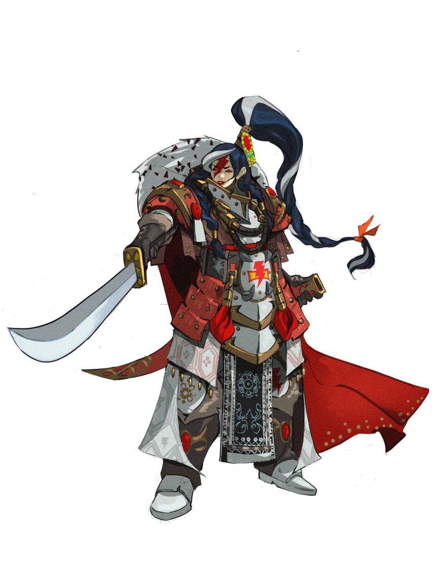 1girl, armor, black_hair, boots, cape, emirh92, hair_ornament, highres, holding, holding_sword, holding_weapon, jaghatai_khan, lightning_bolt_symbol, lipstick, long_hair, makeup, pauldrons, ponytail, power_armor, shoulder_armor, simple_background, sword, warhammer_40k, weapon, white_background, white_scars