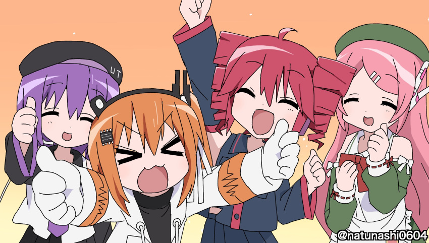 >_<, 4girls, :3, a.i._voice, adachi_rei, ahoge, apron, arm_up