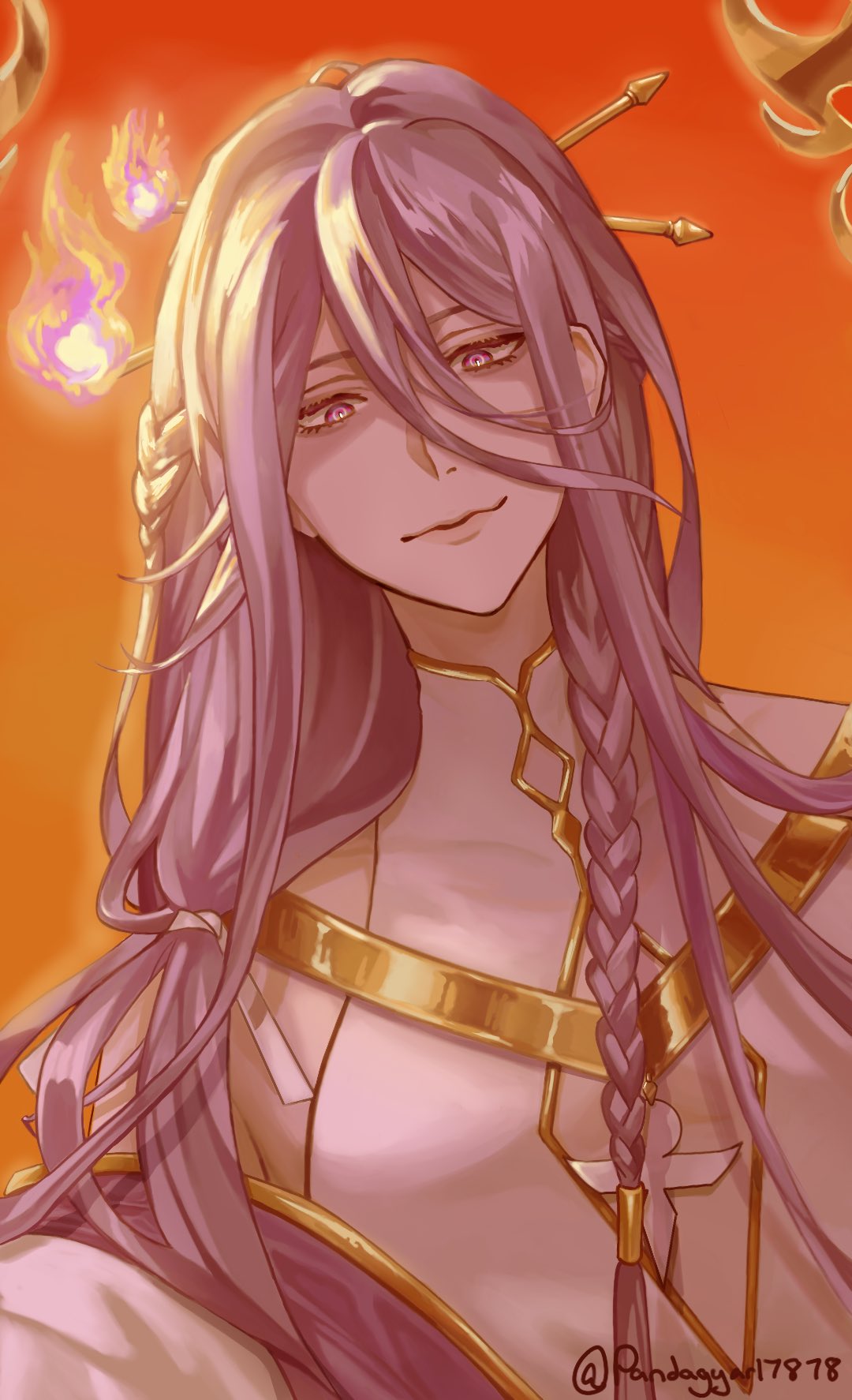 1boy, braid, closed_mouth, fire, first_stage_production, halo, highres, long_hair