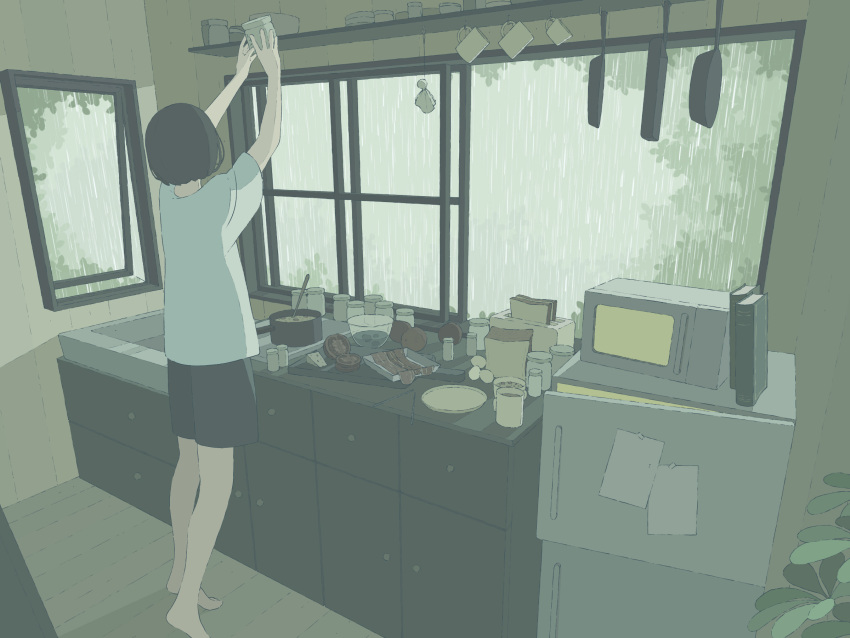 1girl, bacon, barefoot, black_hair, black_shorts, book, bowl, cabinet, coffee_mug, commentary_request, cooking_pot, cup, day, egg, food, fox_mask, from_behind, frying_pan, full_body, grey_shirt, highres, holding, holding_jar, indoors, jar, ma_(mamamauuuuu), mask, microwave, mug, open_window, original, outstretched_arms, plate, rain, reaching, refrigerator, scenery, shelf, shirt, short_hair, short_sleeves, shorts, slice_of_life, solo, standing, stew, t-shirt, toaster, window