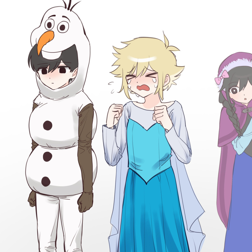 >_<, 1girl, 2boys, anna_(frozen), anna_(frozen)_(cosplay), antenna_hair, aubrey_(faraway)_(omori), aubrey_(omori)