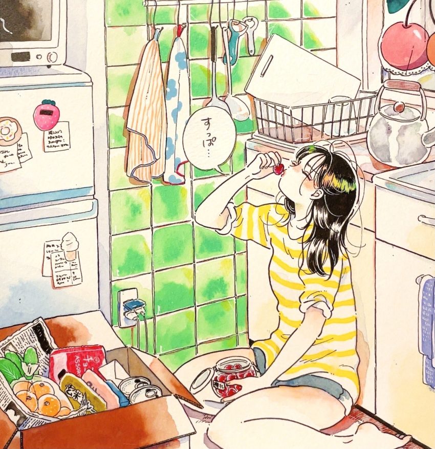 1girl, barefoot, black_hair, blush, box, cabinet, can, canned_food, cardboard_box, cherry, closed_eyes, colored_skin, commentary, counter, cupboard, curtains, cutting_board, doughnut, eating, electrical_outlet, emamemamo33, fingernails, food, fruit, full_body, highres, holding, holding_jar, ice_cream, indoors, iridescent_hair, jar, kettle, kitchen, kitchen_timer, ladle, microwave, newspaper, orange_(fruit), original, painting_(medium), refrigerator, shirt, short_sleeves, shorts, sink, sitting, slice_of_life, solo, speech_bubble, stove, striped_clothes, striped_shirt, tile_wall, tiles, towel, traditional_media, translated, wariza, white_skin