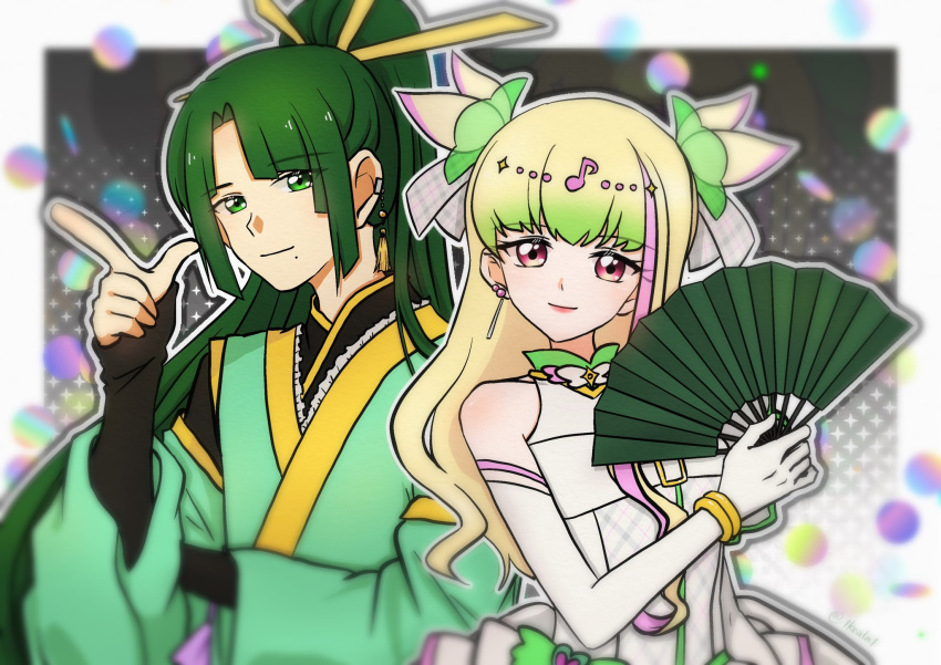 1boy, 1girl, 1kcaln1, black_sleeves, blonde_hair, blunt_bangs, closed_mouth, cure_kagura, cure_zukyuun, dancing_star_precure, ear_piercing, earrings, elbow_gloves, frills, gloves, gradient_hair, green_eyes, green_hair, green_ribbon, gun, hair_ornament, hair_ribbon, hand_fan, handgun, highres, holding, holding_fan, japanese_clothes, jewelry, kimi_to_idol_precure, lipstick, long_sleeves, looking_at_viewer, makeup, multicolored_hair, musical_note, musical_note_hair_ornament, piercing, precure, purirun_(precure), red_eyes, ribbon, tengen_kouga, weapon, white_gloves, wing_hair_ornament